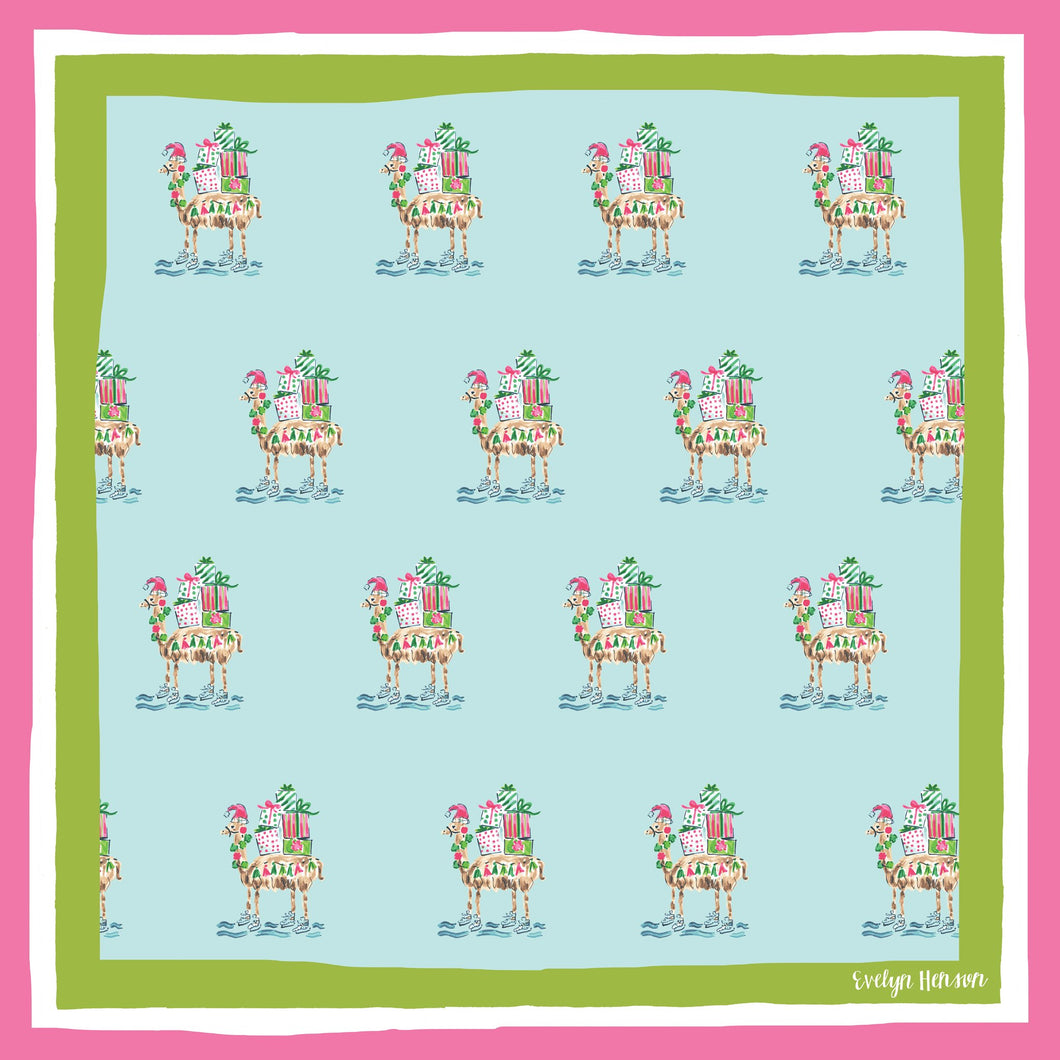 Llama Christmas whimsical artwork in turquoise, pink, and lime green festive holiday scarf bandana