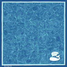 Load image into Gallery viewer, Whale of a good time bandana scarf designed by artist Molly Hatch featuring wave swirl motif and blue whale saying &quot;Happy Day&quot; on a blue background
