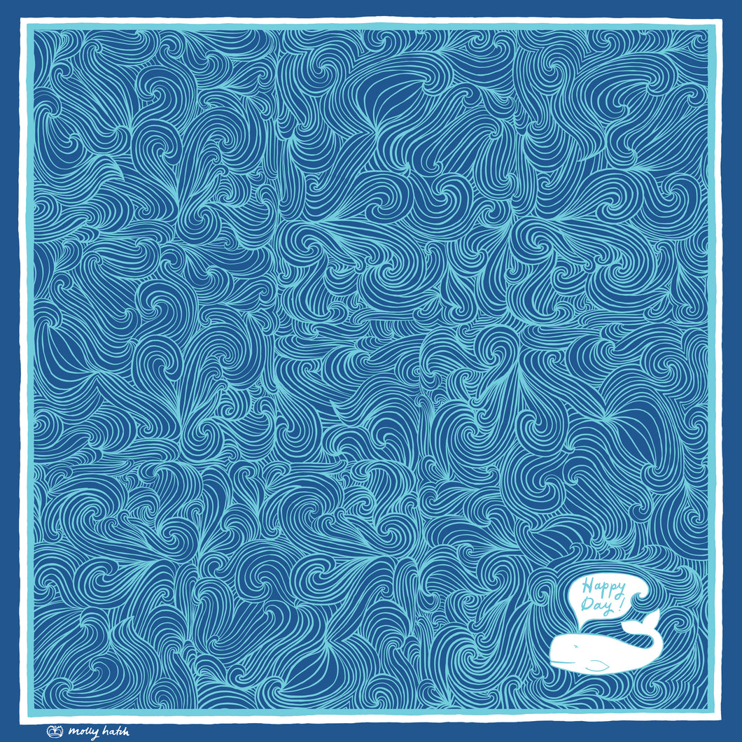 Whale of a good time bandana scarf designed by artist Molly Hatch featuring wave swirl motif and blue whale saying 