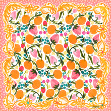 Load image into Gallery viewer, Tutti Fruitti scarf bandana designed by artist Jeanetta Gonzales featuring strawberries, cherries, blueberries, and orange fruits on a coral pink and orange background
