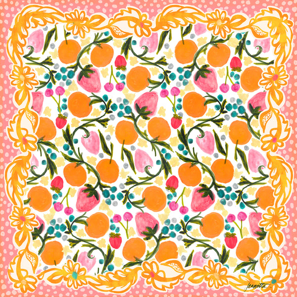 Tutti Fruitti scarf bandana designed by artist Jeanetta Gonzales featuring strawberries, cherries, blueberries, and orange fruits on a coral pink and orange background