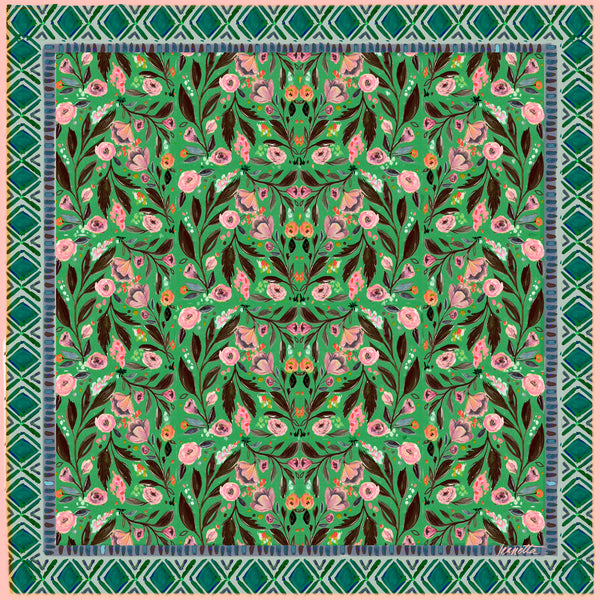 Nellie Jean scarf bandana designed by artist Jeanetta Gonzales featuring pink rose motif on a green background