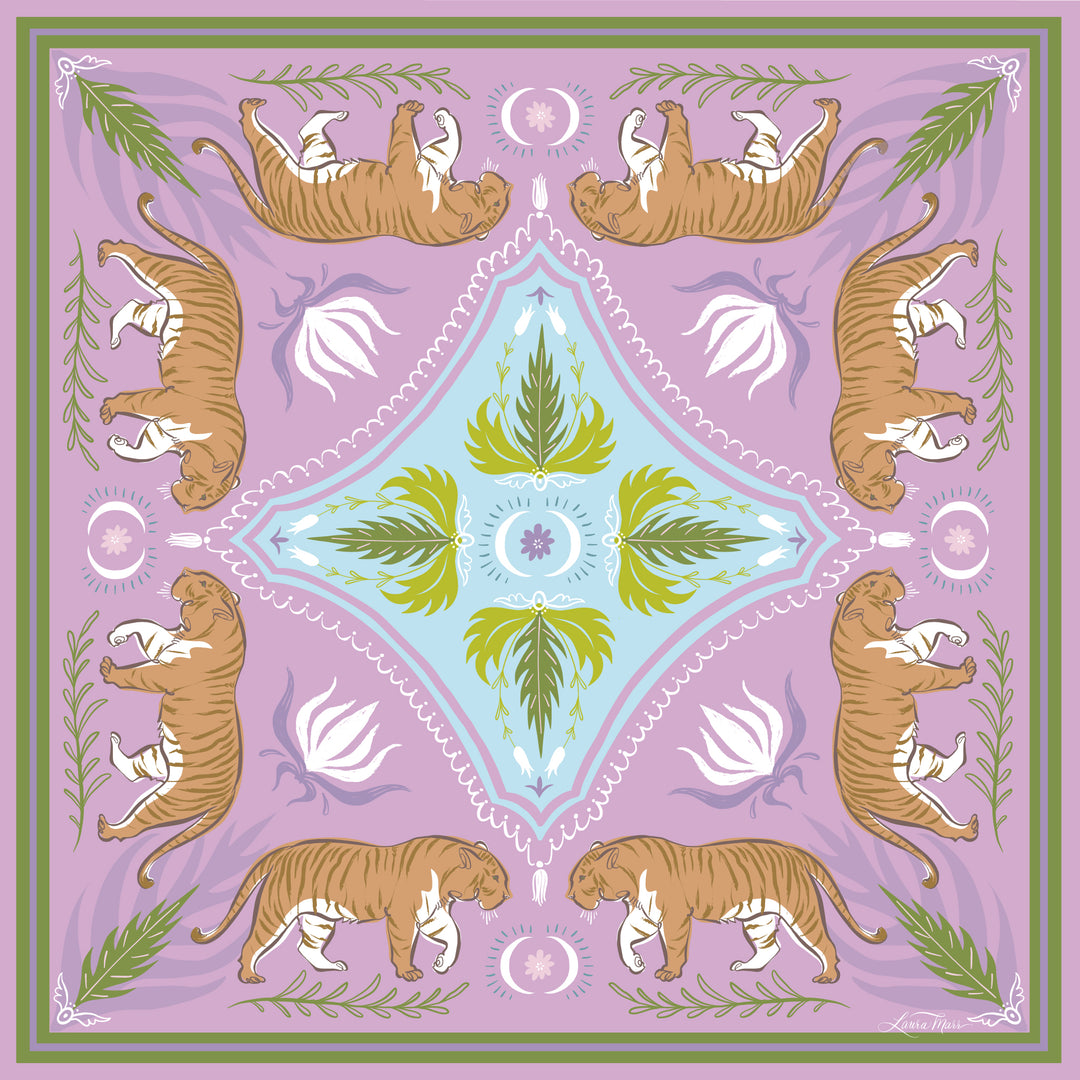 Moon Tiger scarf bandana designed by artist Laura Marr featuring tigers, lotus, and fern motifs on a lavender purple background