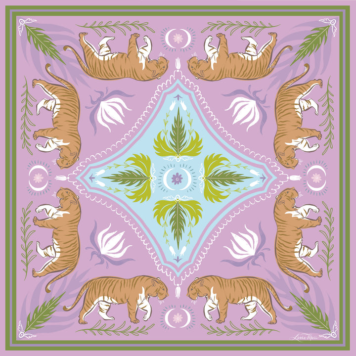 Moon Tiger scarf bandana designed by artist Laura Marr featuring tigers, lotus, and fern motifs on a lavender purple background