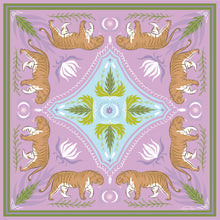 Load image into Gallery viewer, Moon Tiger scarf bandana designed by artist Laura Marr featuring tigers, lotus, and fern motifs on a lavender purple background
