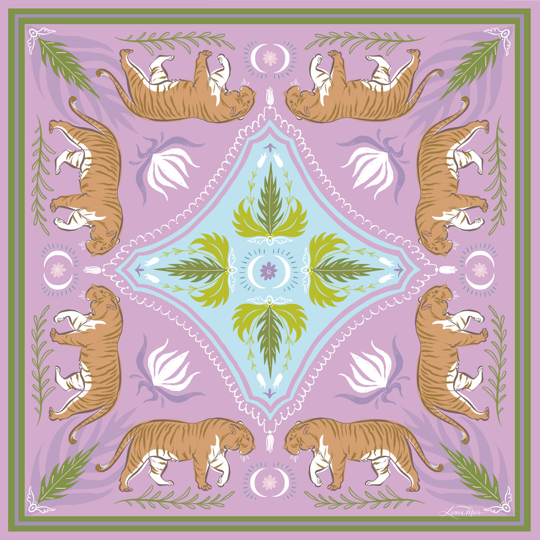Moon Tiger scarf bandana designed by artist Laura Marr featuring tigers, lotus, and fern motifs on a lavender purple background