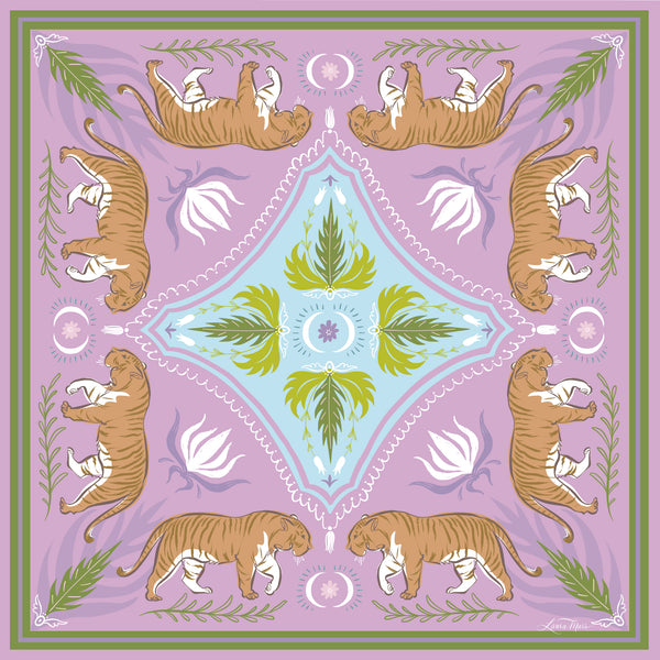 Moon Tiger scarf bandana designed by artist Laura Marr featuring tigers, lotus, and fern motifs on a lavender purple background