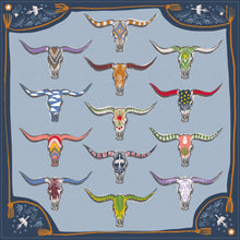 Load image into Gallery viewer, Longhorn scarf designed by artist Laura Marr featuring multi-colored longhorn steer motifs on a light blue and navy background
