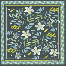 Load image into Gallery viewer, Twilight Garden scarf bandana designed by artist Michelle Vinson featuring blue, green, and white flowers on a teal background with a turquoise gingham border
