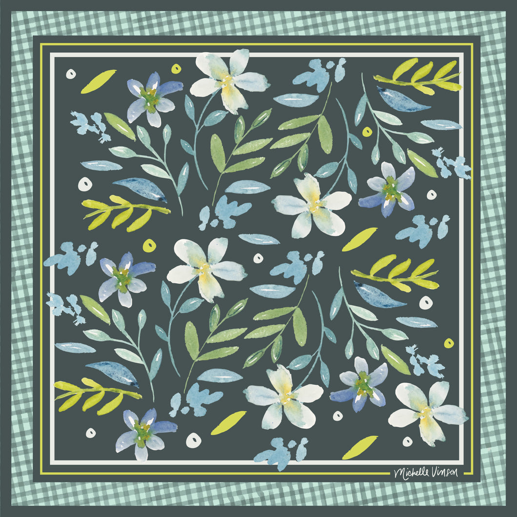 Twilight Garden scarf bandana designed by artist Michelle Vinson featuring blue, green, and white flowers on a teal background with a turquoise gingham border