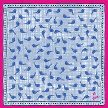 Load image into Gallery viewer, Nora Fleming Bluebird of Happiness bandana scarf featuring blue bluebirds, gingham pattern, and pink polka dot border
