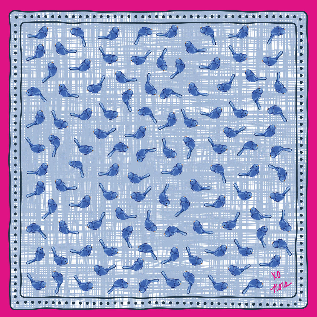 Nora Fleming Bluebird of Happiness bandana scarf featuring blue bluebirds, gingham pattern, and pink polka dot border