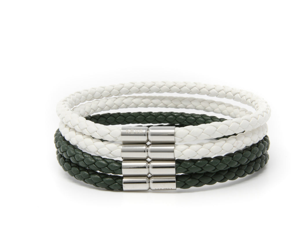 Dark Green and White Braided Bracelet - set of 4