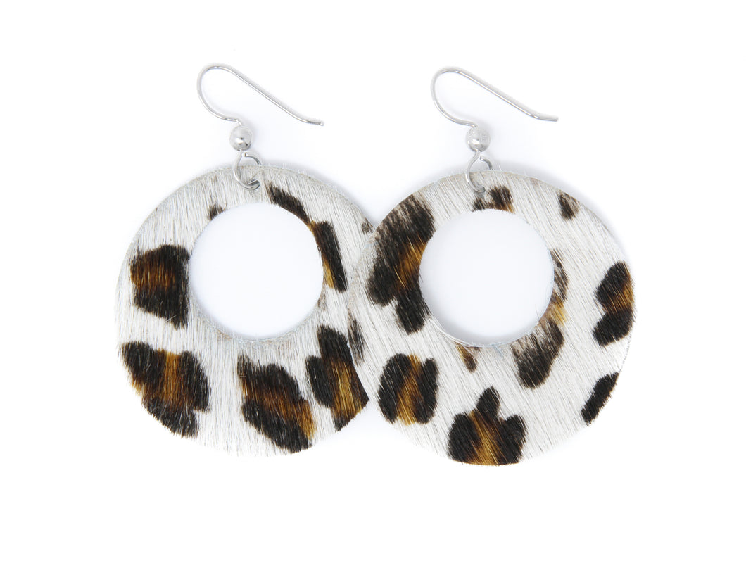 White Leopard Hoop de Hoop Leather Earrings