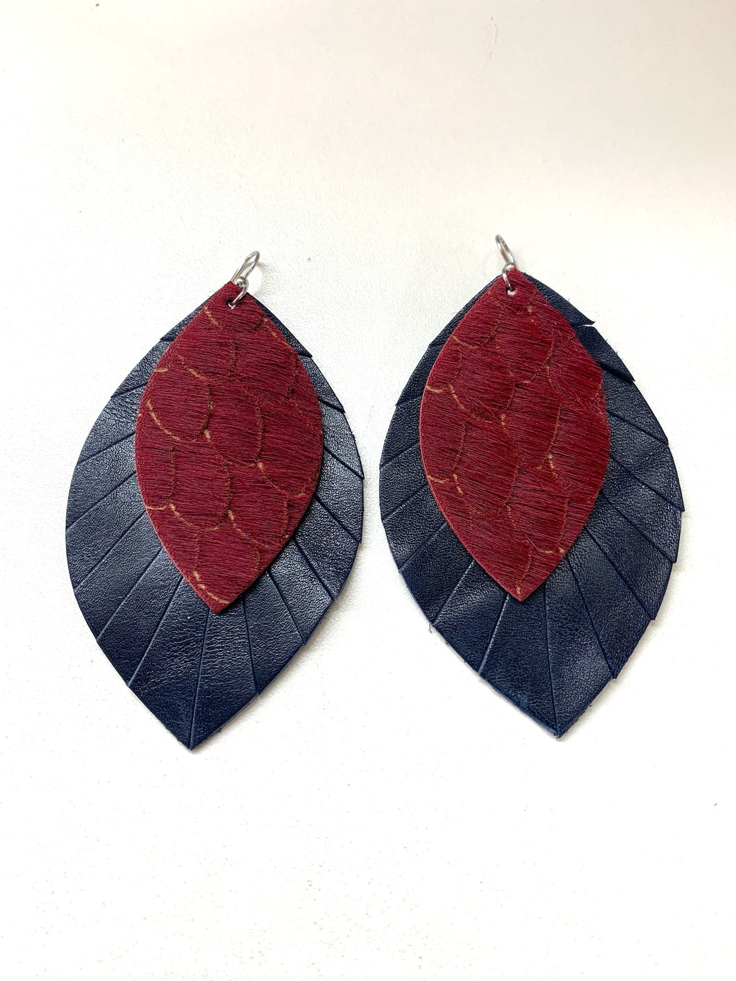 Scalloped in Red with Navy Fringe Layered Earrings